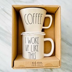 Rae Dunn•NIB•19.5 oz “I Wake Up Like This” Mug/“COFFEE”Pour Over/Drip Cone•White